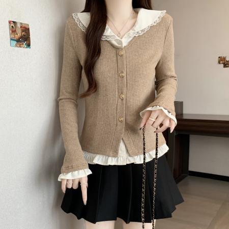 FA46831# 大码女装法式假两件针织衫女秋冬新款显瘦开衫上衣  服裝批發女裝批發服飾貨源