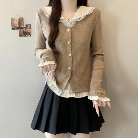 FA46831# 大码女装法式假两件针织衫女秋冬新款显瘦开衫上衣  服裝批發女裝批發服飾貨源