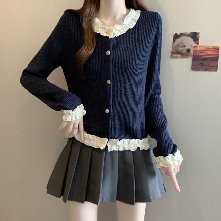 FA46832# 大码女装秋冬新款高级感开衫时尚百搭针织衫拼接木耳边上衣  服裝批發女裝批發服飾貨源