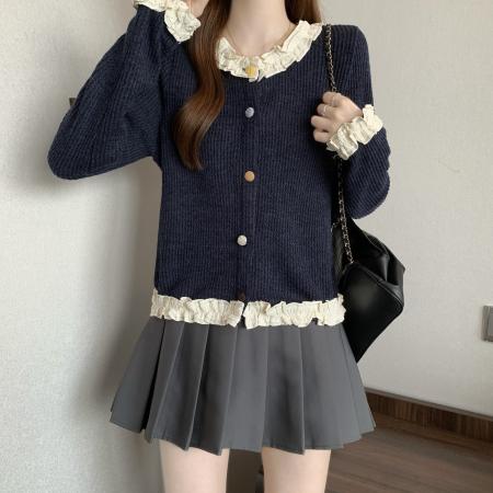 FA46832# 大码女装秋冬新款高级感开衫时尚百搭针织衫拼接木耳边上衣  服裝批發女裝批發服飾貨源