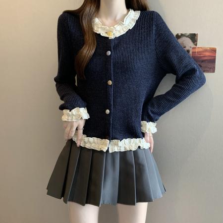 FA46832# 大码女装秋冬新款高级感开衫时尚百搭针织衫拼接木耳边上衣  服裝批發女裝批發服飾貨源