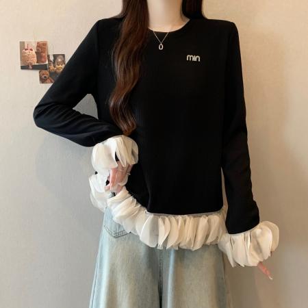 FA46833# 大码胖MM秋季新款拼接荷叶边针织衫女显瘦减龄百搭黑色上衣  服裝批發女裝批發服飾貨源