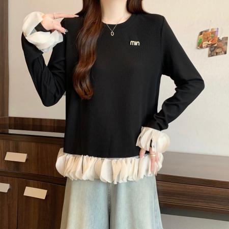 FA46833# 大码胖MM秋季新款拼接荷叶边针织衫女显瘦减龄百搭黑色上衣  服裝批發女裝批發服飾貨源
