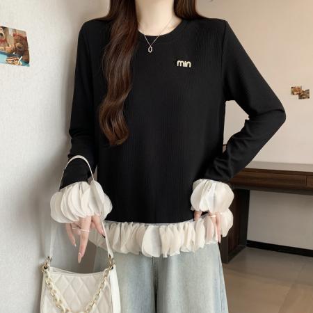 FA46833# 大码胖MM秋季新款拼接荷叶边针织衫女显瘦减龄百搭黑色上衣  服裝批發女裝批發服飾貨源