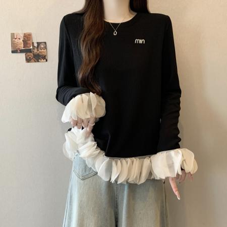 FA46833# 大码胖MM秋季新款拼接荷叶边针织衫女显瘦减龄百搭黑色上衣  服裝批發女裝批發服飾貨源