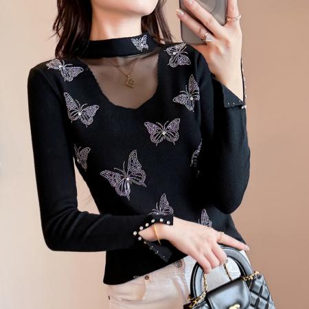 FA46834# 秋冬新款设计感长袖烫钻蝴蝶结针织打底衫网纱拼接半高领  服裝批發女裝批發服飾貨源