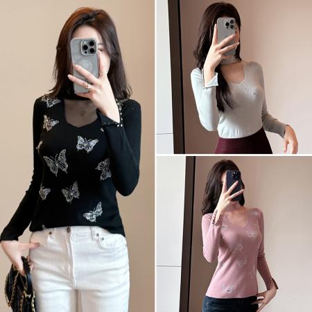 FA46834# 秋冬新款设计感长袖烫钻蝴蝶结针织打底衫网纱拼接半高领  服裝批發女裝批發服飾貨源