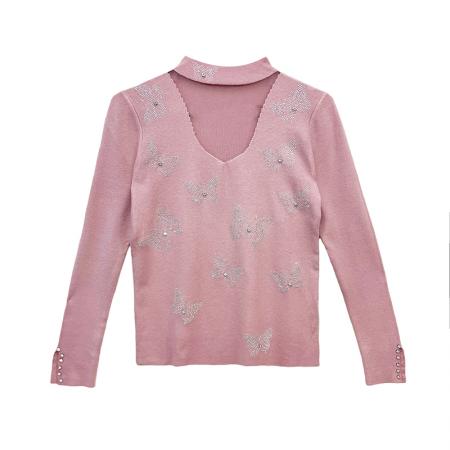 FA46834# 秋冬新款设计感长袖烫钻蝴蝶结针织打底衫网纱拼接半高领  服裝批發女裝批發服飾貨源