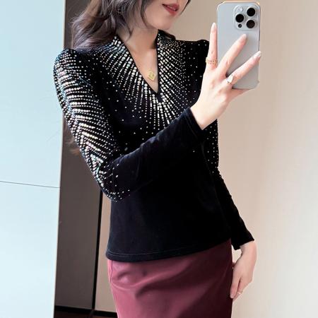 FA46835# 秋冬新款欧货质感金丝绒钻闪亮弹力打底衫长袖时尚V领女  服裝批發女裝批發服飾貨源