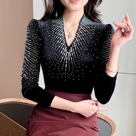 FA46835# 秋冬新款欧货质感金丝绒钻闪亮弹力打底衫长袖时尚V领女  服裝批發女裝批發服飾貨源