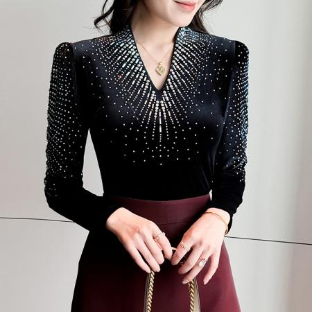 FA46835# 秋冬新款欧货质感金丝绒钻闪亮弹力打底衫长袖时尚V领女  服裝批發女裝批發服飾貨源