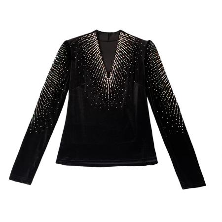 FA46835# 秋冬新款欧货质感金丝绒钻闪亮弹力打底衫长袖时尚V领女  服裝批發女裝批發服飾貨源