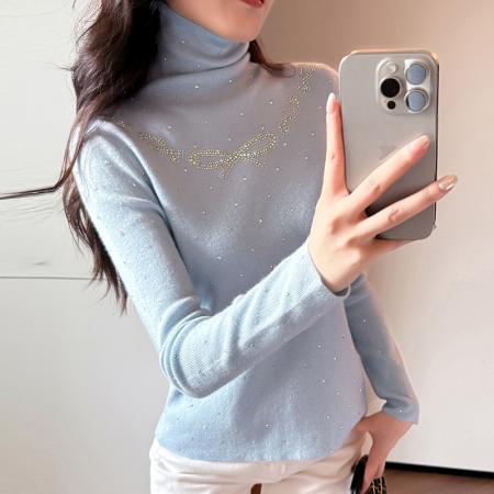 FA46836# 秋冬新款蝴蝶结烫钻高领打底衫女高级感显瘦减龄内搭潮  服裝批發女裝批發服飾貨源