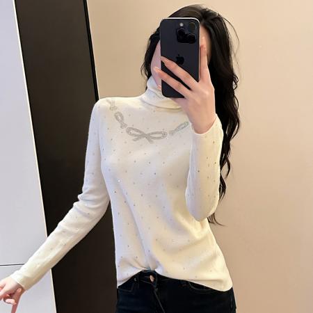 FA46836# 秋冬新款蝴蝶结烫钻高领打底衫女高级感显瘦减龄内搭潮  服裝批發女裝批發服飾貨源
