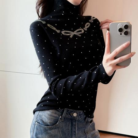 FA46836# 秋冬新款蝴蝶结烫钻高领打底衫女高级感显瘦减龄内搭潮  服裝批發女裝批發服飾貨源