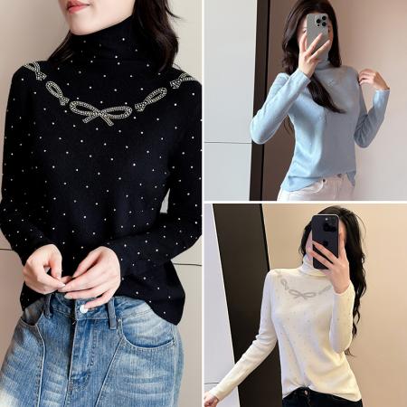 FA46836# 秋冬新款蝴蝶结烫钻高领打底衫女高级感显瘦减龄内搭潮  服裝批發女裝批發服飾貨源