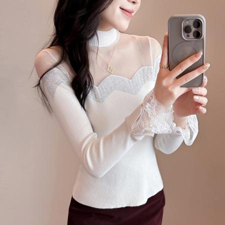 FA46837# 秋冬新款蕾丝长袖针织打底衫修身显瘦毛衣女百搭时髦洋气  服裝批發女裝批發服飾貨源