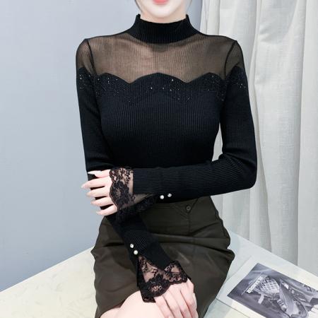 FA46837# 秋冬新款蕾丝长袖针织打底衫修身显瘦毛衣女百搭时髦洋气  服裝批發女裝批發服飾貨源