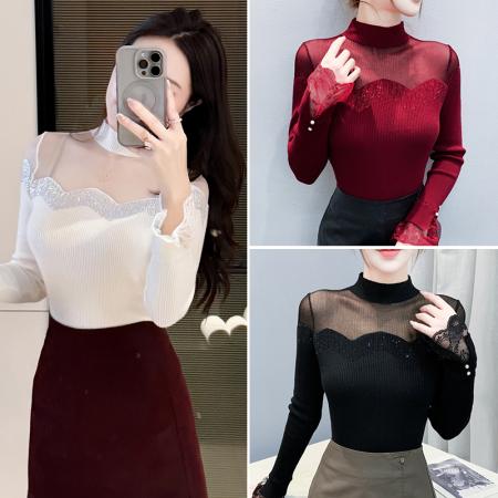 FA46837# 秋冬新款蕾丝长袖针织打底衫修身显瘦毛衣女百搭时髦洋气  服裝批發女裝批發服飾貨源
