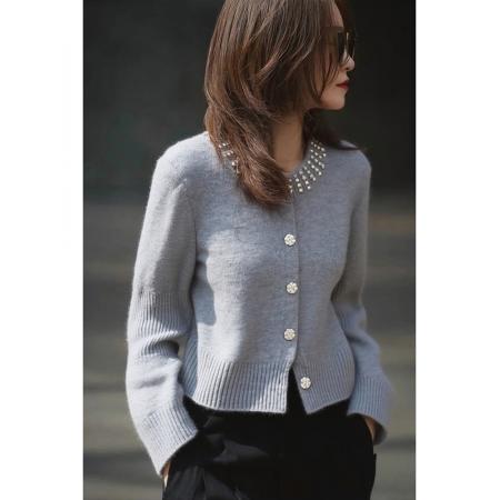 FA46838# 小香风重工圆领镶钻针织衫女秋冬收腰显瘦miu系毛衣外套开衫上衣  服裝批發女裝批發服飾貨源