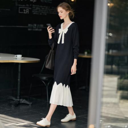 FA46839# 秋冬新款法式蝴蝶结V领连衣裙女大码时尚显瘦高级感拼接长裙  服裝批發女裝批發服飾貨源