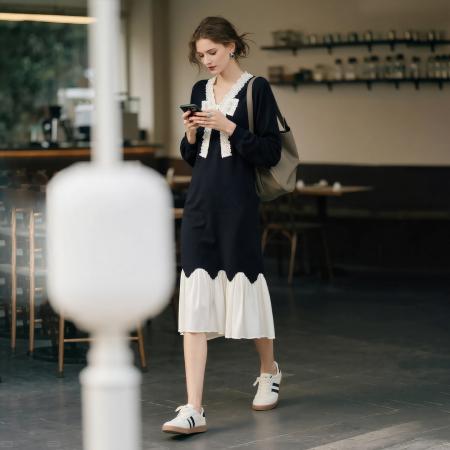 FA46839# 秋冬新款法式蝴蝶结V领连衣裙女大码时尚显瘦高级感拼接长裙  服裝批發女裝批發服飾貨源