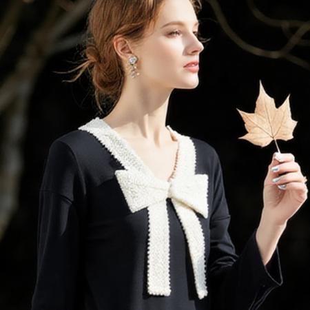 FA46839# 秋冬新款法式蝴蝶结V领连衣裙女大码时尚显瘦高级感拼接长裙  服裝批發女裝批發服飾貨源