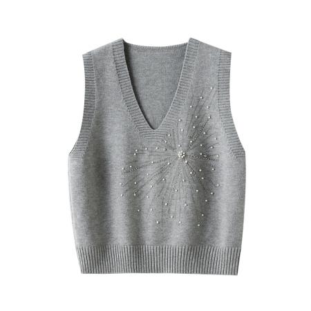 FA46842# 大码重工钉珠烫钻圆领针织衫女胖MM新款设计感小众无袖背心上衣  服裝批發女裝批發服飾貨源