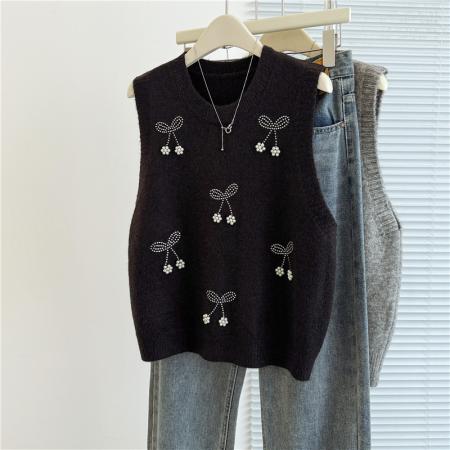 FA46843# 胖MM重工钉珠羊毛针织马甲女大码叠穿打底外搭背心法式无袖小上衣  服裝批發女裝批發服飾貨源