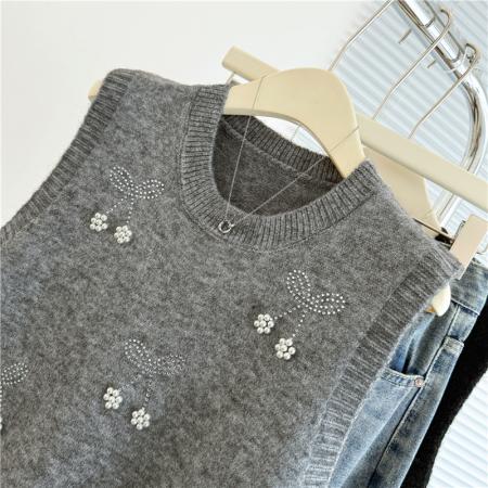 FA46843# 胖MM重工钉珠羊毛针织马甲女大码叠穿打底外搭背心法式无袖小上衣  服裝批發女裝批發服飾貨源