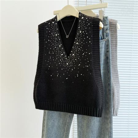 FA46844# 大码V领亮片针织马甲胖MM新款无袖重工法式洋气宽松背心毛衣上衣  服裝批發女裝批發服飾貨源