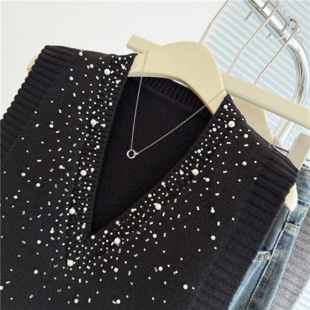 FA46844# 大码V领亮片针织马甲胖MM新款无袖重工法式洋气宽松背心毛衣上衣  服裝批發女裝批發服飾貨源