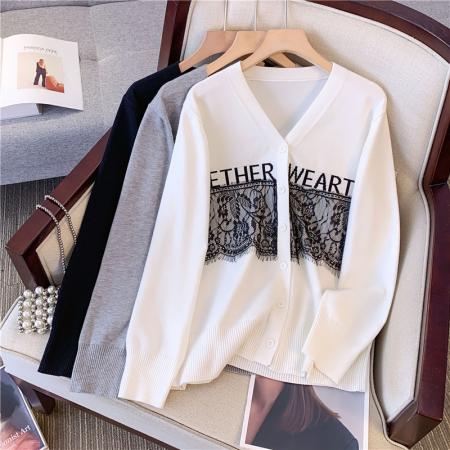 FA46845# 大码新款蕾丝拼接针织开衫女胖MM宽松显瘦打底毛衣上衣  服裝批發女裝批發服飾貨源