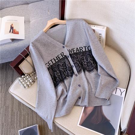 FA46845# 大码新款蕾丝拼接针织开衫女胖MM宽松显瘦打底毛衣上衣  服裝批發女裝批發服飾貨源