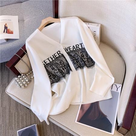 FA46845# 大码新款蕾丝拼接针织开衫女胖MM宽松显瘦打底毛衣上衣  服裝批發女裝批發服飾貨源