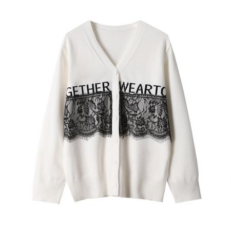 FA46845# 大码新款蕾丝拼接针织开衫女胖MM宽松显瘦打底毛衣上衣  服裝批發女裝批發服飾貨源