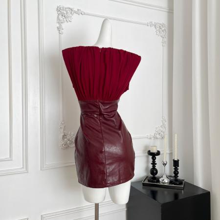 FA46846# 伯爵夫人酒红色深V无袖皮革裙复古收腰修身连衣裙  服裝批發女裝批發服飾貨源