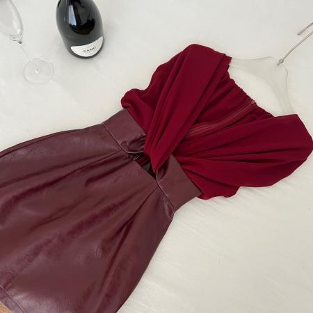 FA46846# 伯爵夫人酒红色深V无袖皮革裙复古收腰修身连衣裙  服裝批發女裝批發服飾貨源