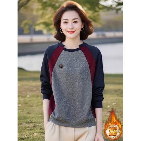 FA46847# 别致设计感女士时尚气质加绒加厚卫衣女秋冬复古时尚拼色上衣  服裝批發女裝批發服飾貨源
