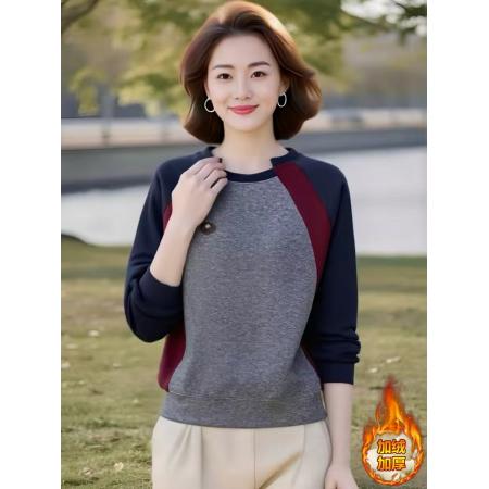 FA46847# 别致设计感女士时尚气质加绒加厚卫衣女秋冬复古时尚拼色上衣  服裝批發女裝批發服飾貨源