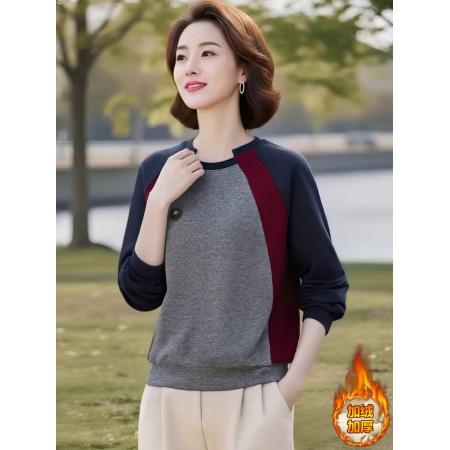 FA46847# 别致设计感女士时尚气质加绒加厚卫衣女秋冬复古时尚拼色上衣  服裝批發女裝批發服飾貨源
