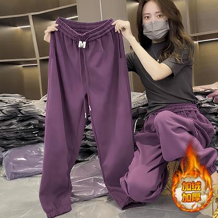 FA46849# 秋冬季高级感紫色加绒加厚休闲卫裤百搭抽绳束脚保暖运动裤女  服裝批發女裝批發服飾貨源