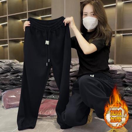 FA46849# 秋冬季高级感紫色加绒加厚休闲卫裤百搭抽绳束脚保暖运动裤女  服裝批發女裝批發服飾貨源