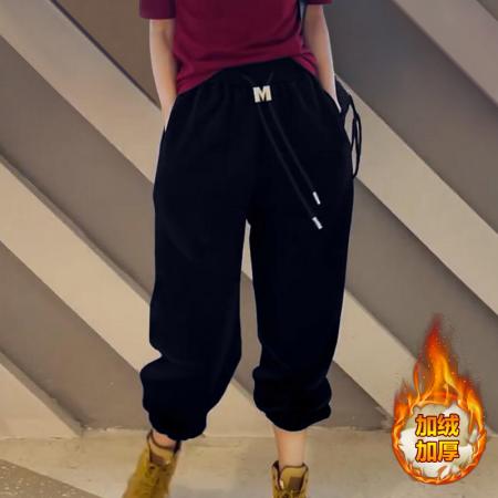 FA46849# 秋冬季高级感紫色加绒加厚休闲卫裤百搭抽绳束脚保暖运动裤女  服裝批發女裝批發服飾貨源