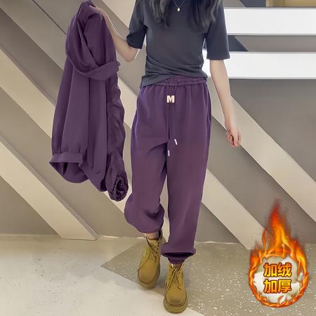 FA46849# 秋冬季高级感紫色加绒加厚休闲卫裤百搭抽绳束脚保暖运动裤女  服裝批發女裝批發服飾貨源