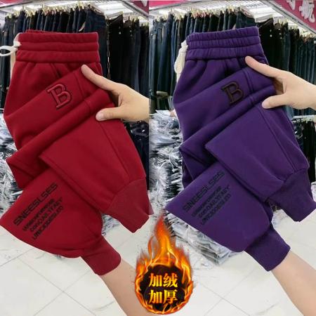 FA46850# 刺绣束脚哈伦裤加绒加厚冬季新款女士休闲裤抗寒保暖高腰卫裤  服裝批發女裝批發服飾貨源