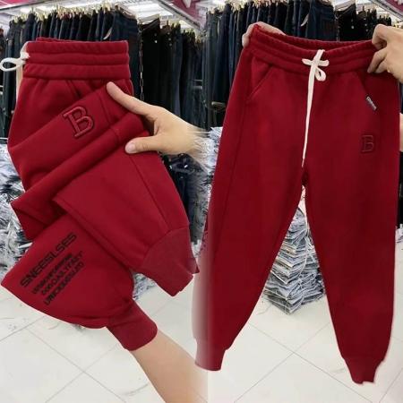 FA46850# 刺绣束脚哈伦裤加绒加厚冬季新款女士休闲裤抗寒保暖高腰卫裤  服裝批發女裝批發服飾貨源