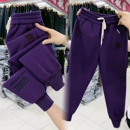 FA46850# 刺绣束脚哈伦裤加绒加厚冬季新款女士休闲裤抗寒保暖高腰卫裤  服裝批發女裝批發服飾貨源