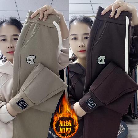 FA46852# 松紧高腰宽松显瘦加绒卫裤女冬季束脚休闲运动哈伦加厚棉裤子  服裝批發女裝批發服飾貨源