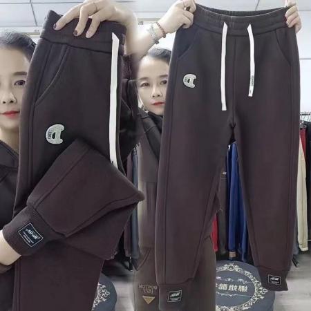 FA46852# 松紧高腰宽松显瘦加绒卫裤女冬季束脚休闲运动哈伦加厚棉裤子  服裝批發女裝批發服飾貨源